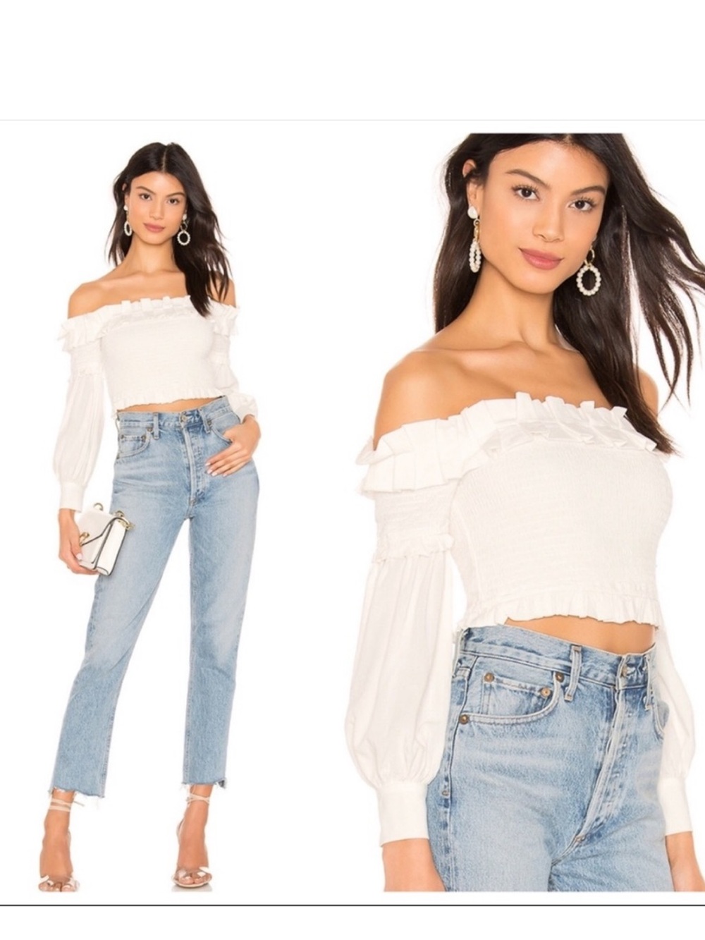 MAJORELLE Cream Off-Shoulder Smocked Crop Top